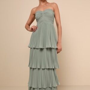 Lulus Seriously Sensational Sage Brush Strapless Tiered Maxi Dress Green